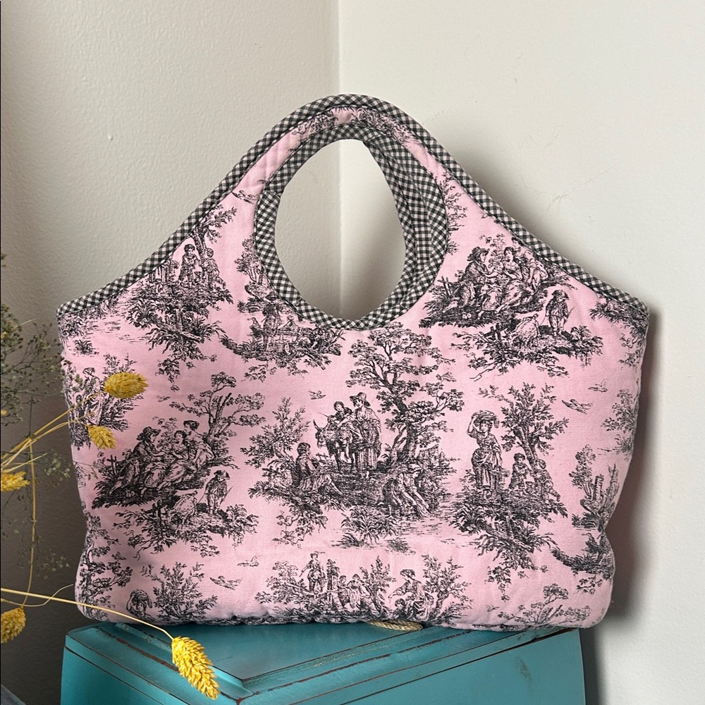 Cotton or linen pink Victorian print tote bag
